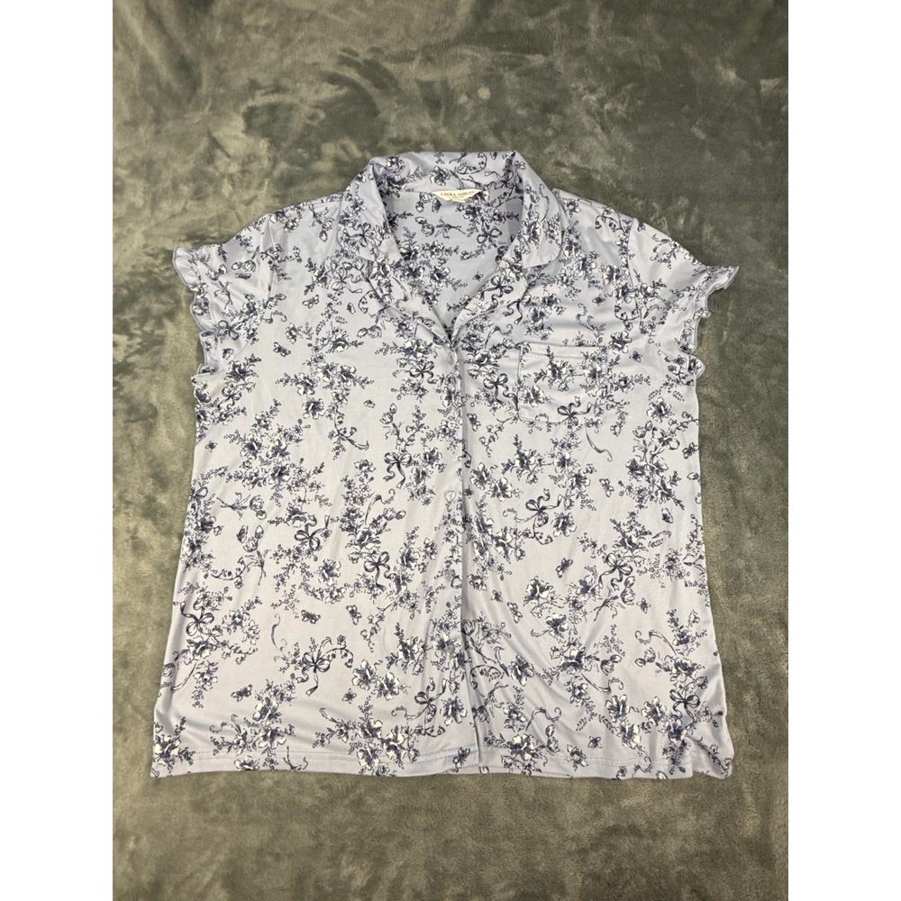 Laura Ashley Womens XL Blue Floral Pajama Top Short Sleeve Button Down 4793-37